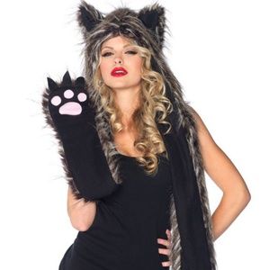 Paw Spirit Wolf Hat w/ Attached Scarf & Gloves